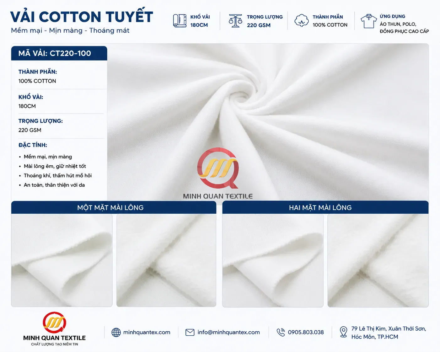 Vải Cotton Tuyết 100% cotton – 220 GSM